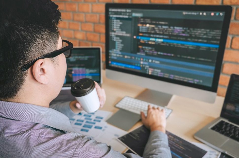 Professional Developer programmer working a software website design and coding technology, writing codes and database in company office, Global cyber connection technology.